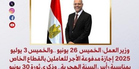 للعاملين بالقطاع الخاص.. موعد إجازة رأس السنة الهجرية وذكرى 30 يونيو 2025 - هرم مصر