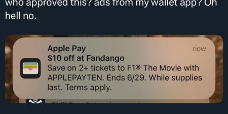 غضب بين مستخدمى آيفون بسبب إعلان لفيلم F1 داخل تطبيق Apple Wallet - هرم مصر